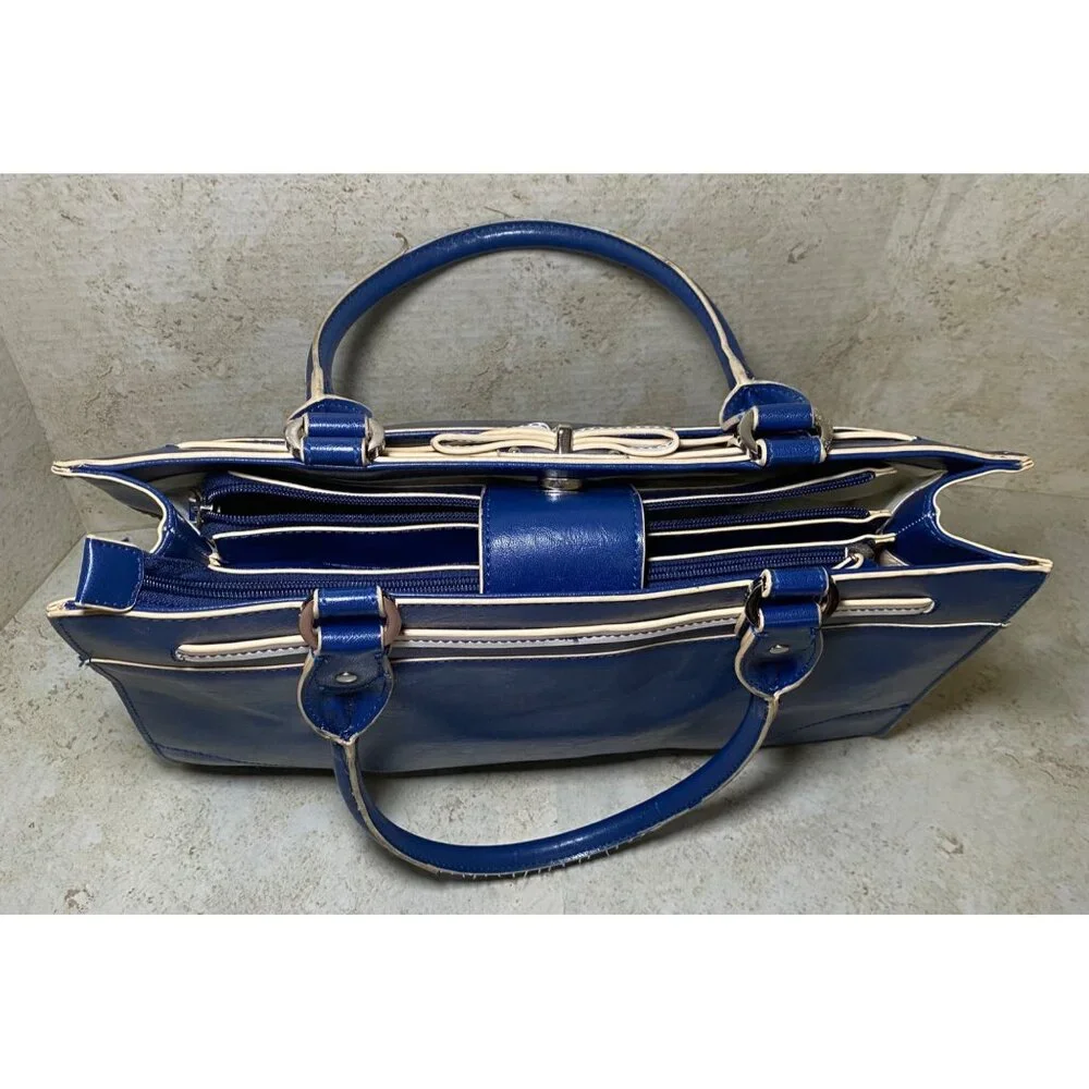 Vtg Liz Claiborne Blue Faux Leather Handbag With White Accent Bow & Dual Handles